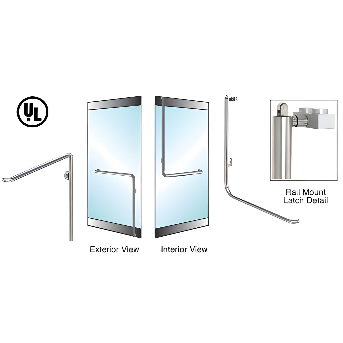 PA100C4RKBS brushed stainless tubular panic handle for 1/2-3/4" tempered glass doors, ADA rail-mount