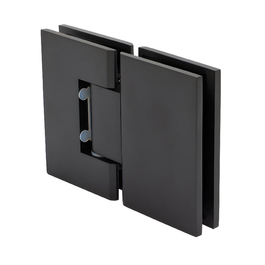 Matte black solid brass 180 glass-to-glass shower hinge MEL180MBL, square profile, self-centering.