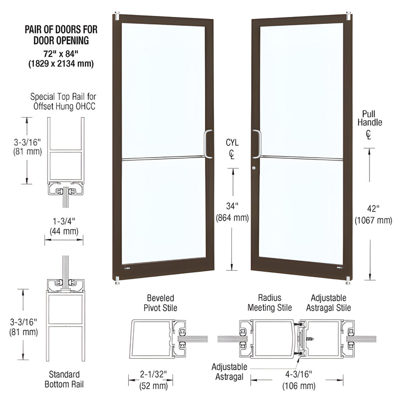 CRL DC22122 narrow-stile entrance door pair, black bronze anodized frame with tempered glass, dimensional diagram.