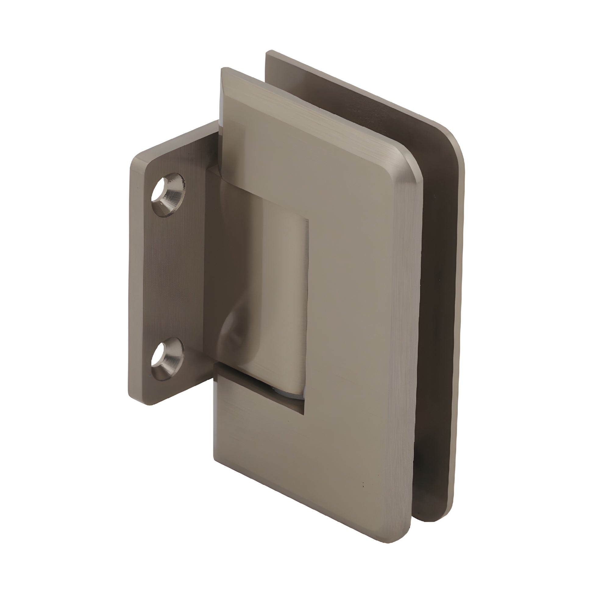 Brushed bronze brass Pinnacle shower hinge (SKU P1N074BBRZ), short back plate, beveled edge, fits 8-12mm tempered glass.