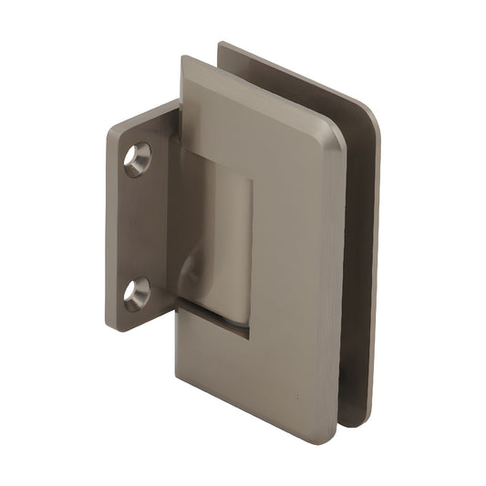 Brushed bronze brass Pinnacle shower hinge (SKU P1N074BBRZ), short back plate, beveled edge, fits 8-12mm tempered glass.