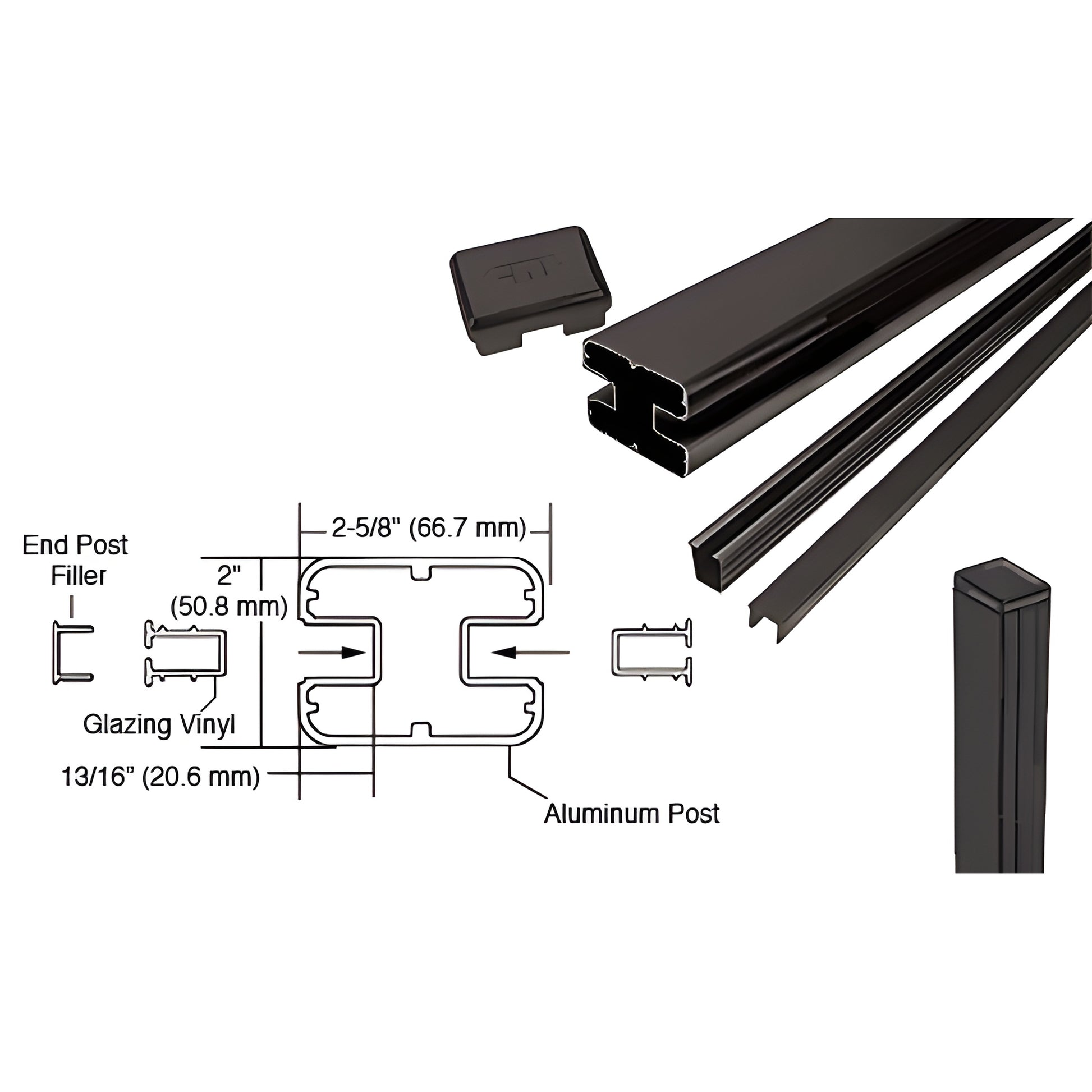 Matte black 72" aluminum rectangular end post kit for glass railing with glazing vinyl and end cap - SKU S72EKBL
