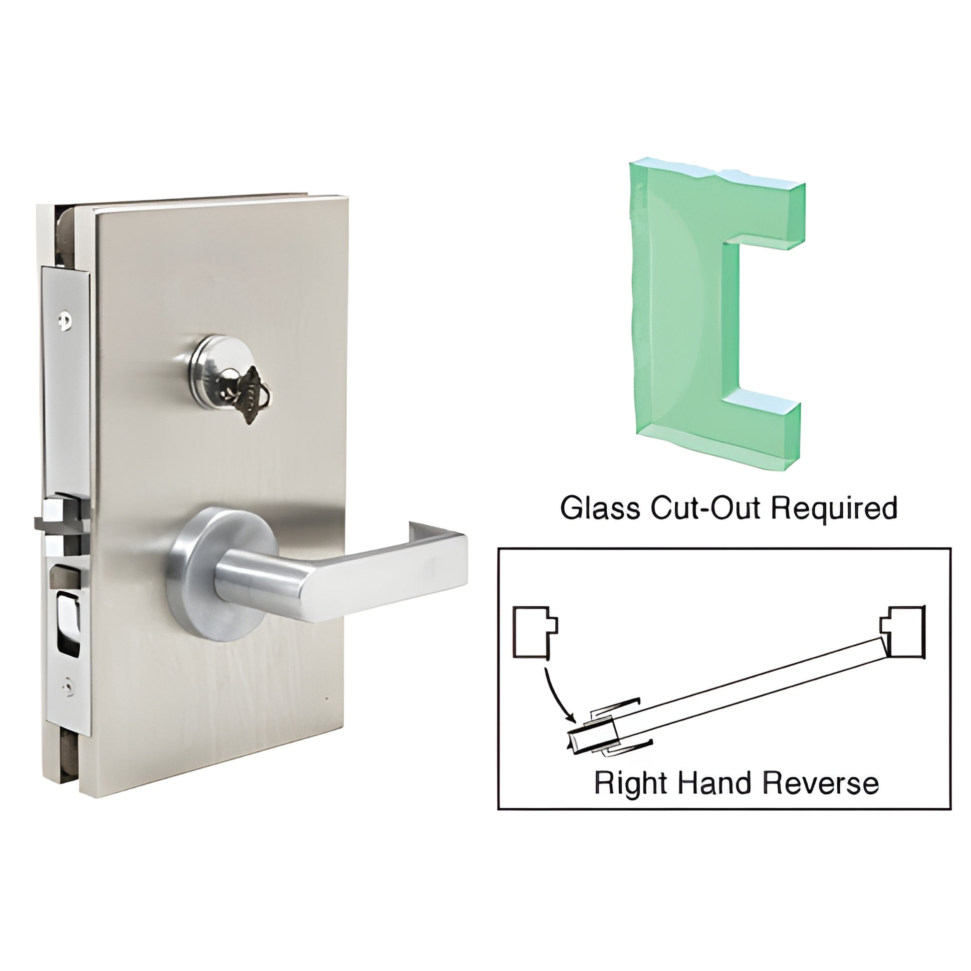 Brushed stainless 6x10 center glass door lock with lever deadlatch for 1/2" tempered glass (SKU DL611R0BS)