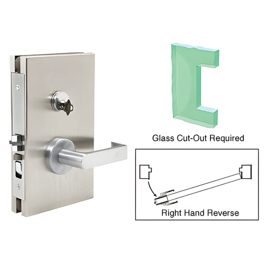 Brushed stainless 6x10 center glass door lock with lever deadlatch for 1/2" tempered glass (SKU DL611R0BS)