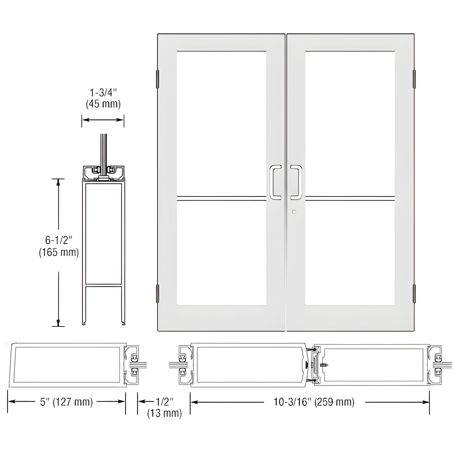 SR52552 White Kynar custom wide-stile double showroom door with glass, 5" stiles, for dealership/display use