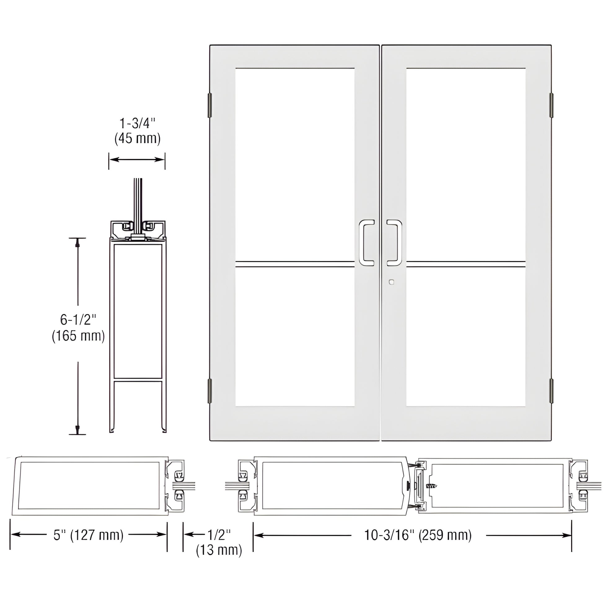 SR52552 White Kynar custom wide-stile double showroom door with glass, 5" stiles, for dealership/display use