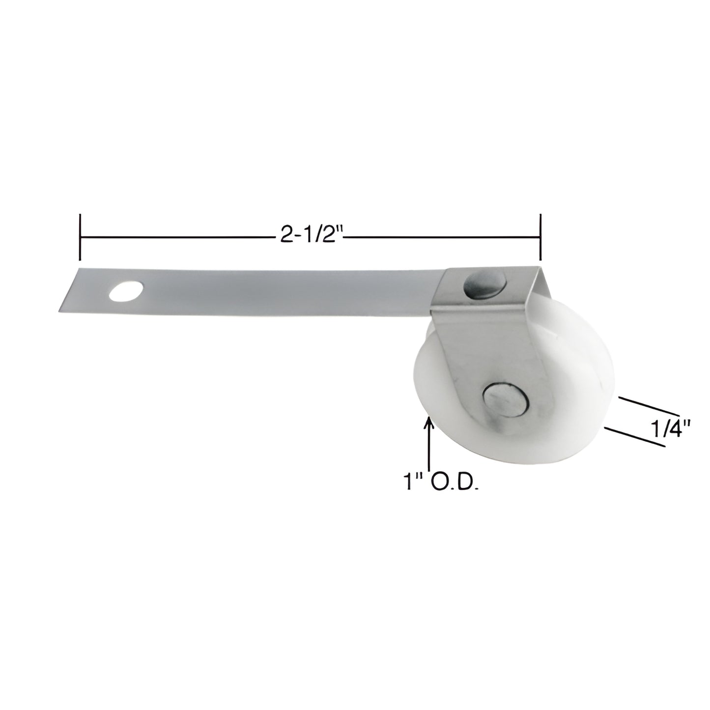 CRL B521 nylon concave tension roller - 1" OD wheel, 1/4" wide on 2-1/2" steel strap, white wheel with metal bracket