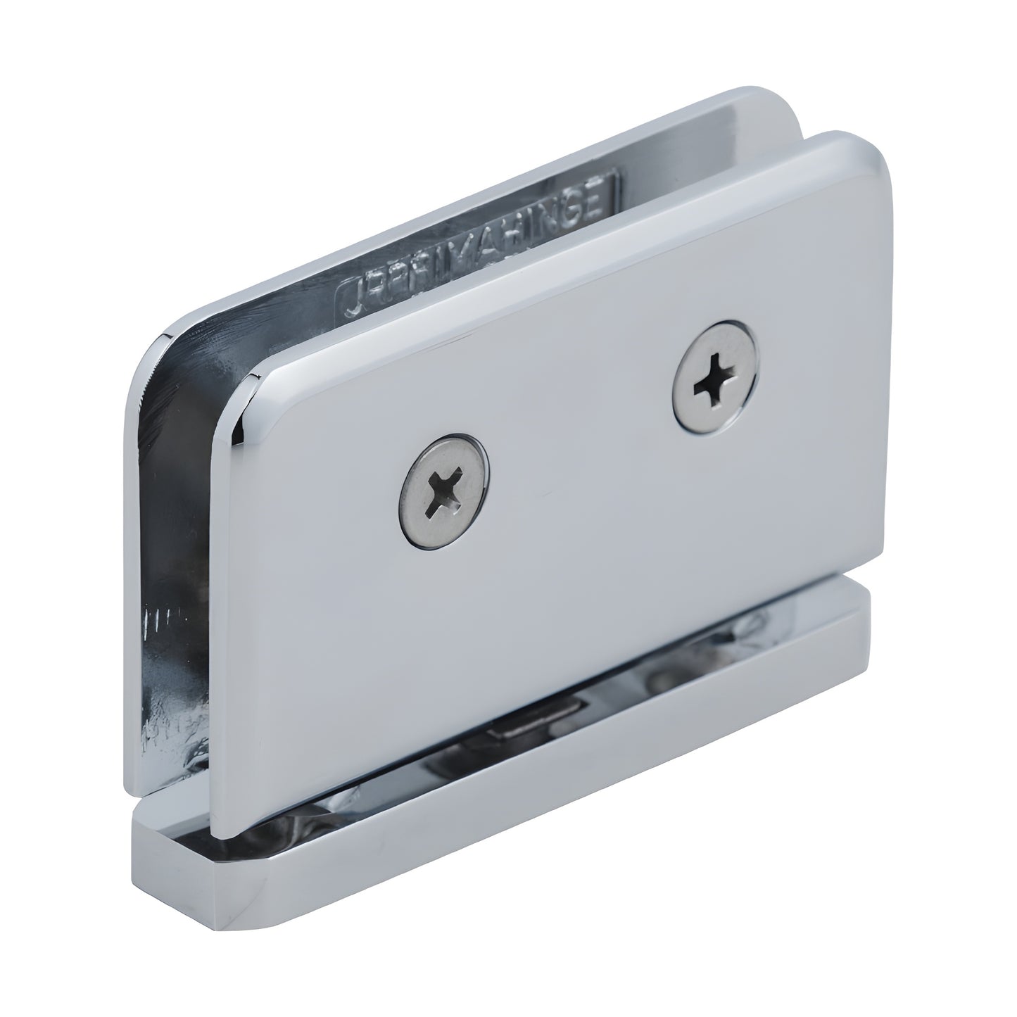 JRPPH01CH polished chrome Junior Prima glass pivot hinge for 1/4" (6mm) tempered glass, top/bottom mount.