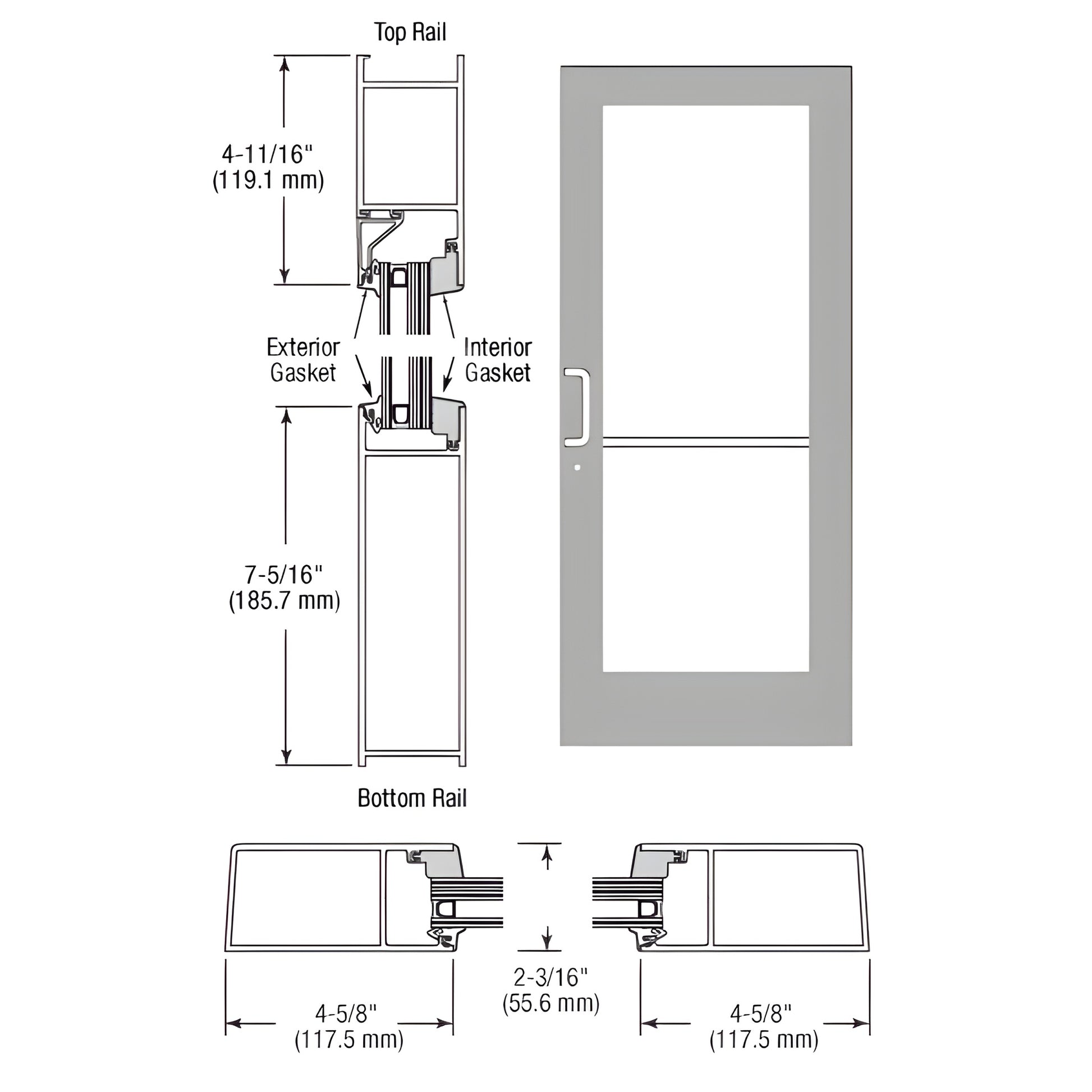 SF61811 medium stile hurricane-impact storefront entrance pair, clear anodized aluminum, gear-hinge stiles, 1-5/16" glazing p