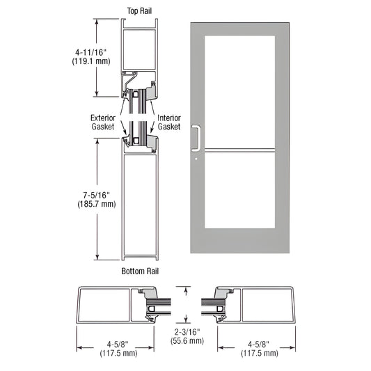 SF61811 medium stile hurricane-impact storefront entrance pair, clear anodized aluminum, gear-hinge stiles, 1-5/16" glazing p