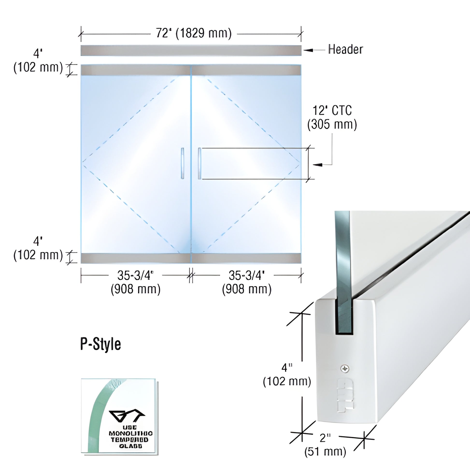 CRL P-style frameless glass door kit, pair; satin/anodized aluminum dry-glaze rails for 1/2" (12mm) tempered glass