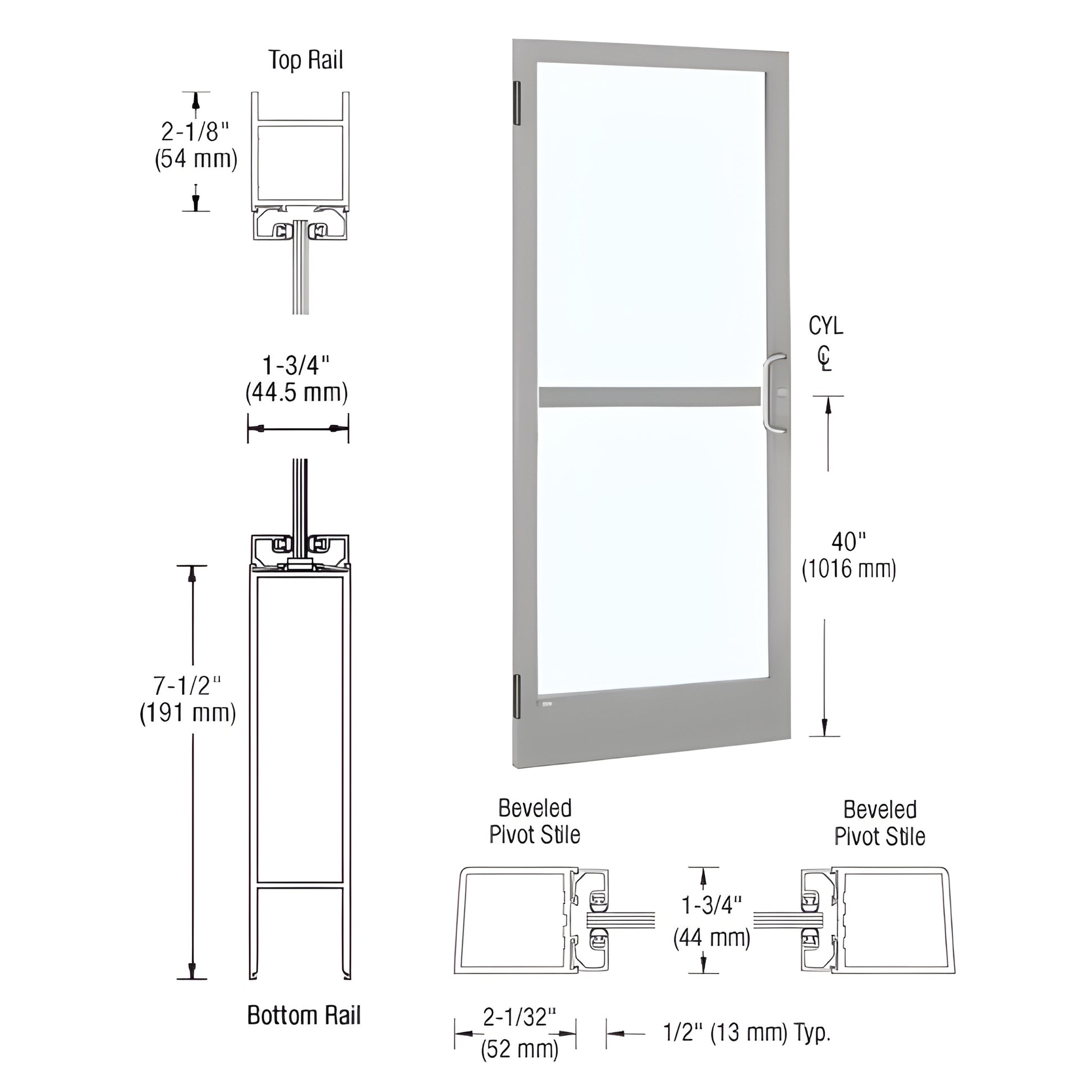 HZ21511 clear anodized narrow-stile commercial entrance door with 1/4" glass and 71 2" bottom rail (diagram)