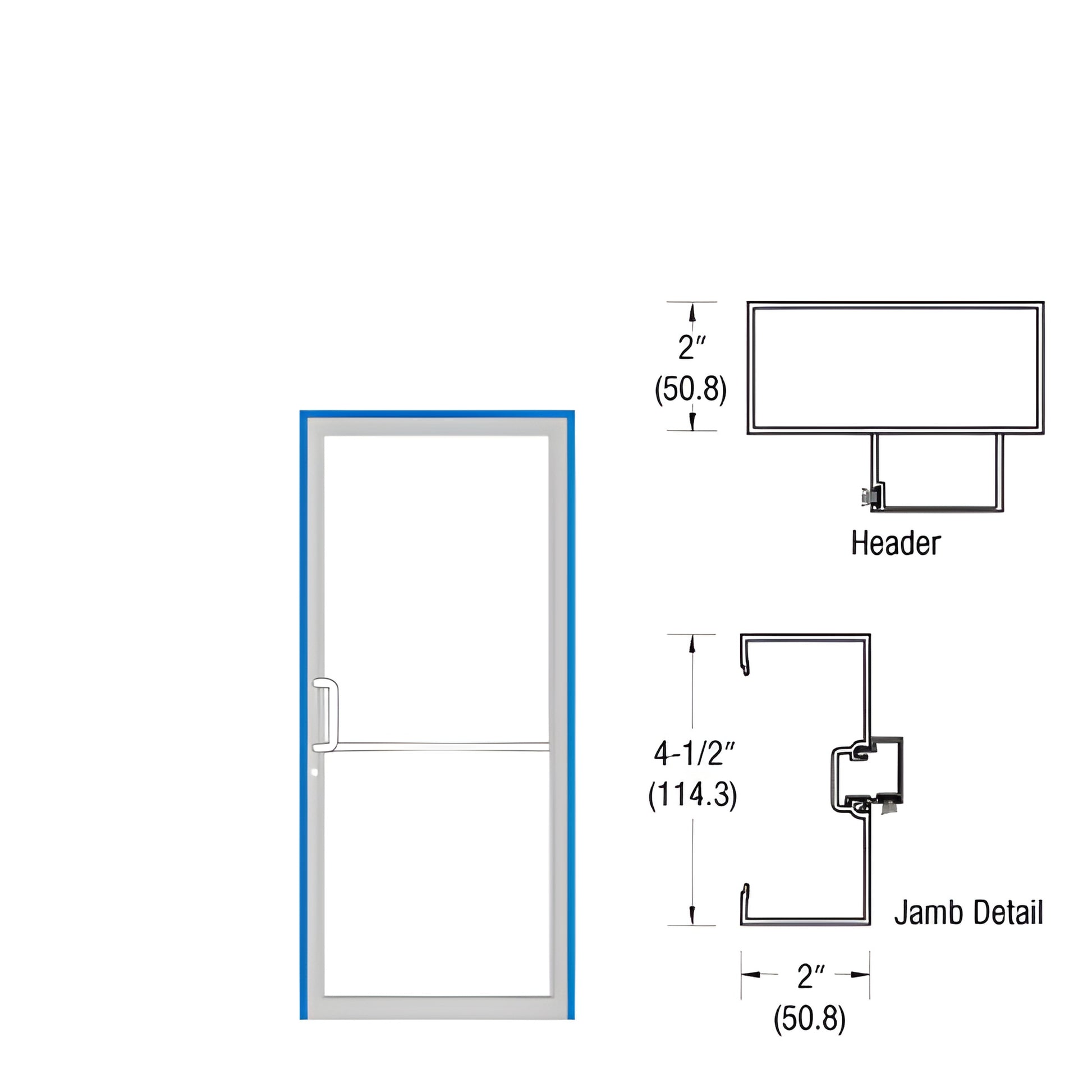 Clear anodized aluminum 36 x 86 door frame with 42 x 84 single door, threshold, prepped for offset pivots and concealed close