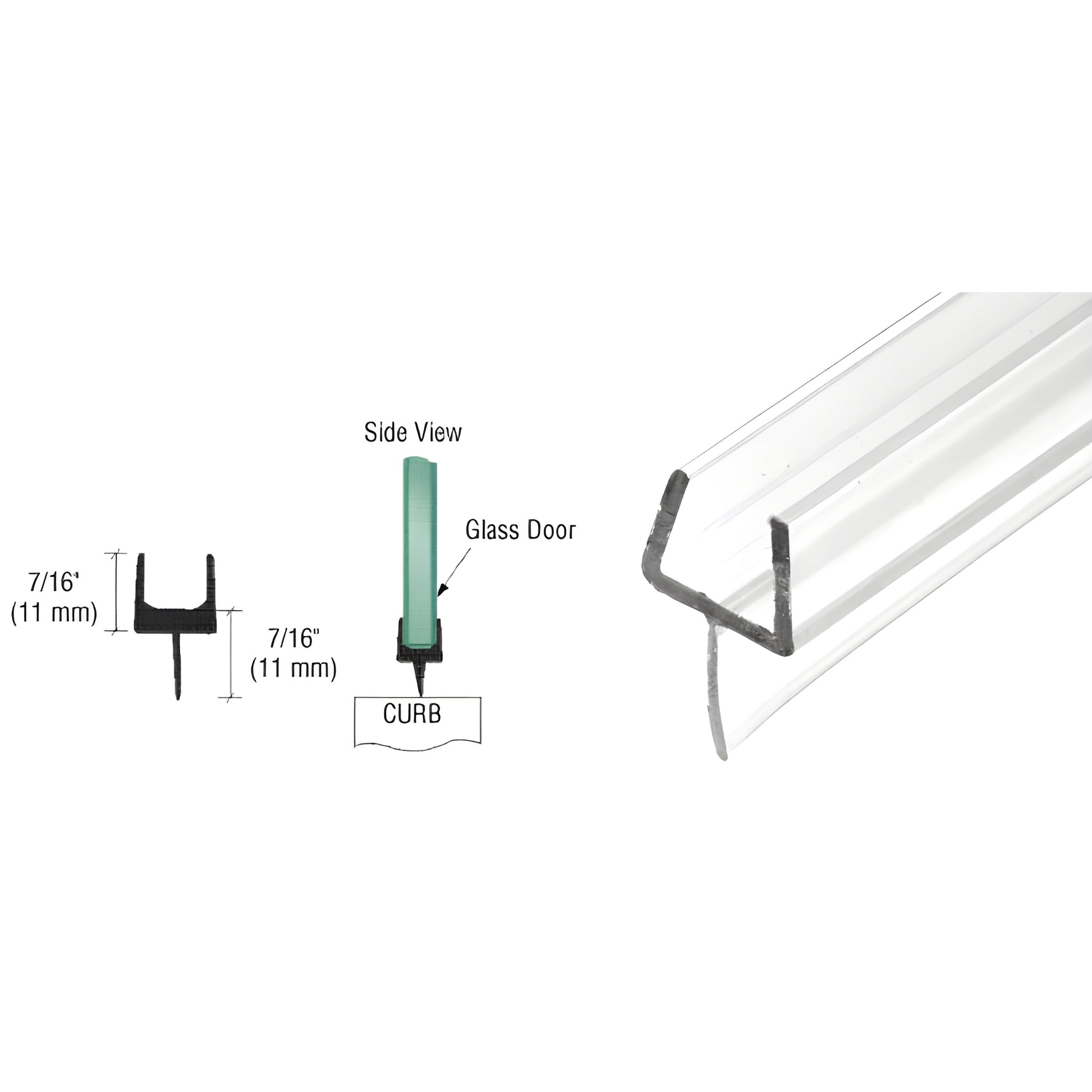 Clear polycarbonate one-piece bottom rail P501BR for 3/8 in glass shower door, 95 in stock, seals and redirects water.