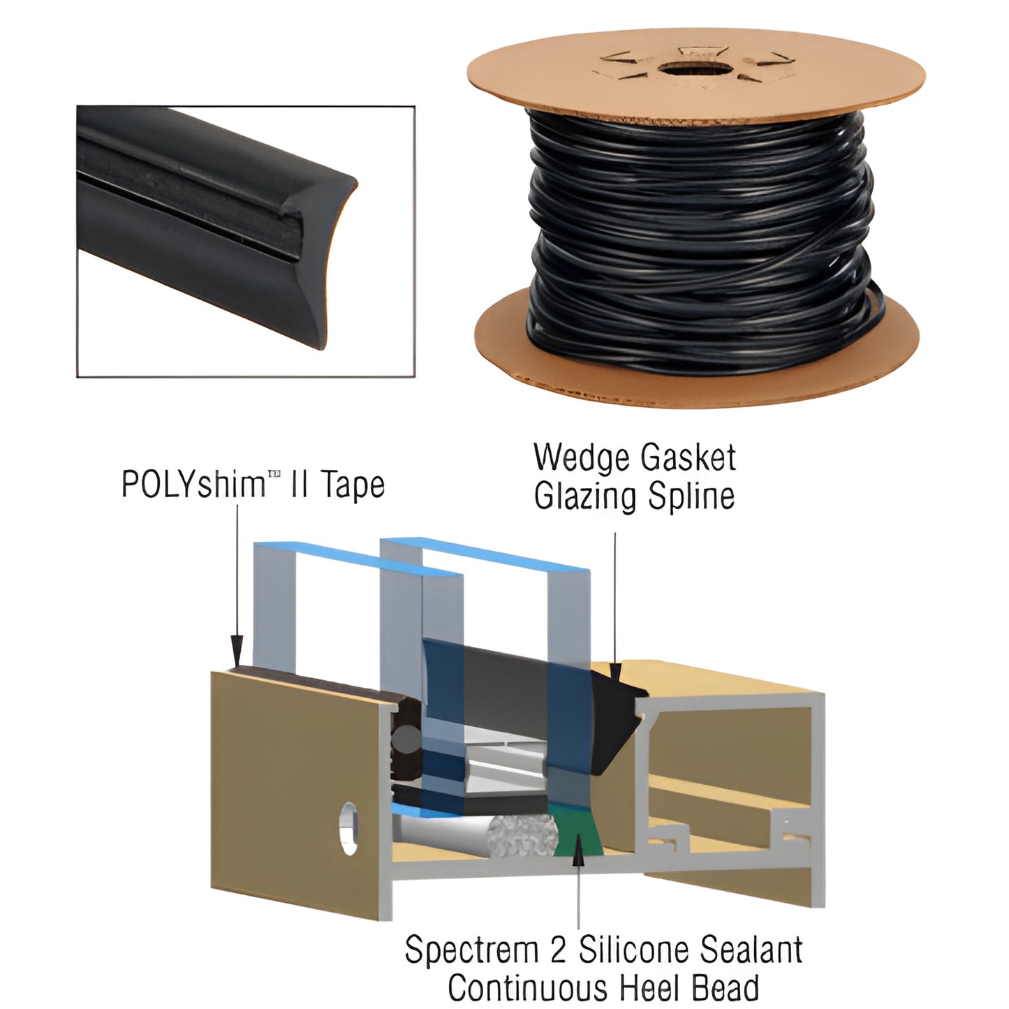 Tremco wedge gasket spline (SKU 1768013), black EPDM spool, 70 durometer, wedge profile and glazing cross-section.