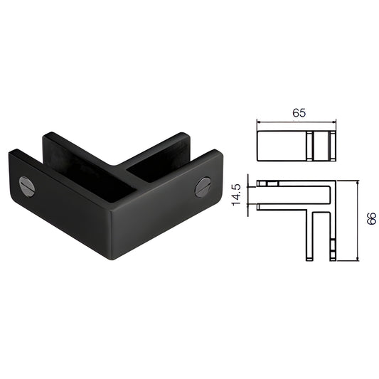 GBC90MBL matte black Duplex 2205 stainless 90 no drill glass bracing clamp for 12mm/13.52mm panels, grub screw fastening.