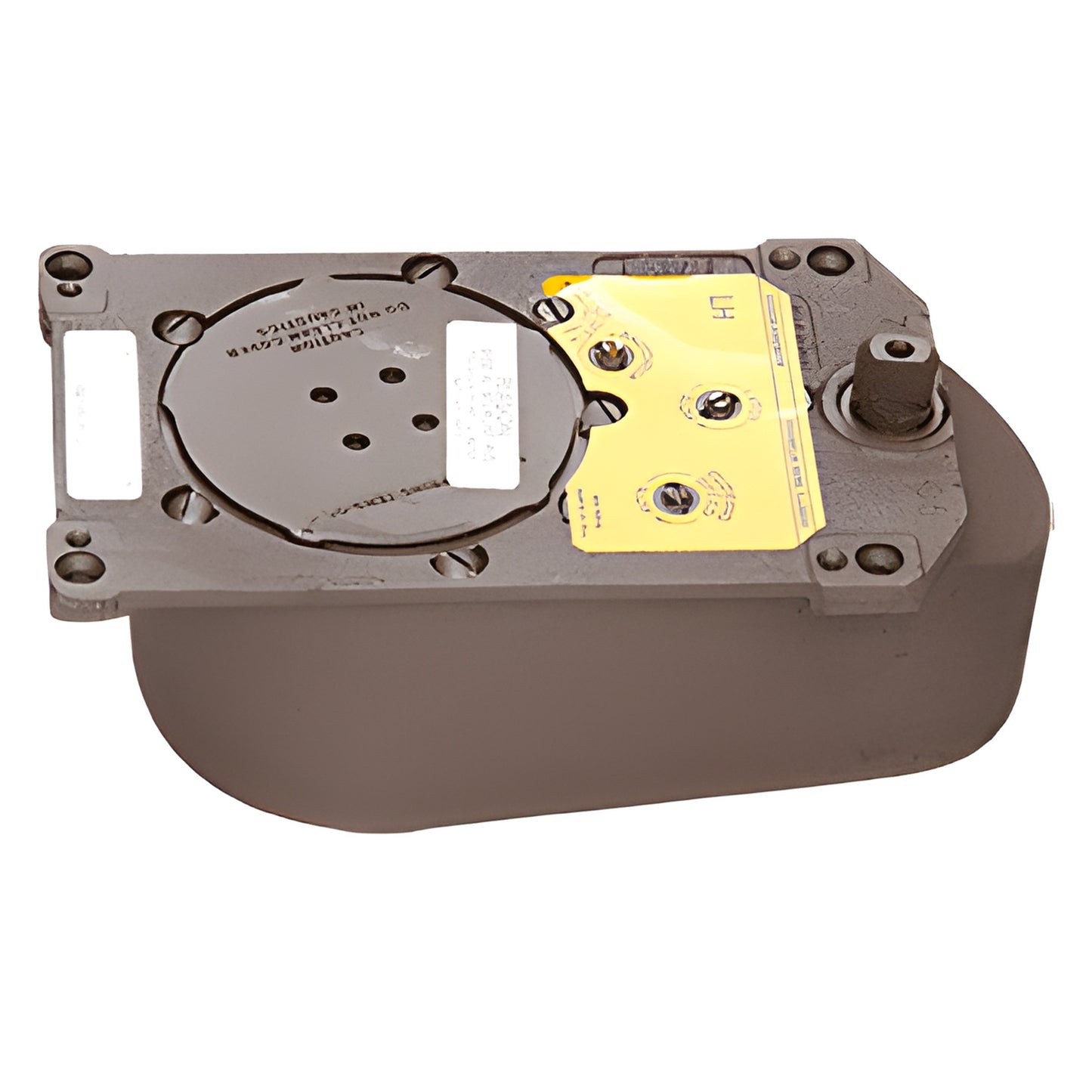 Rixson 328 center-hung floor door closer, gray metal housing with tapered spindle and yellow adjustment plate.