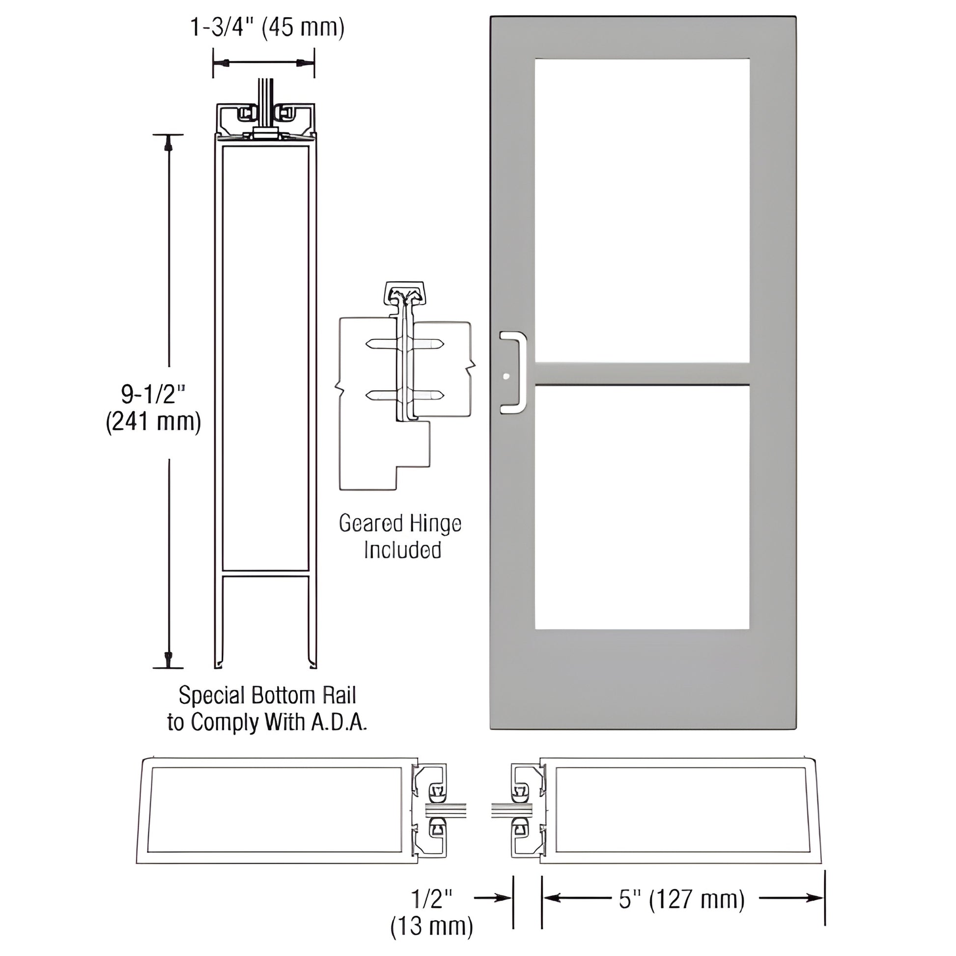 CZ51811 clear anodized wide-stile commercial entrance door with panic pull, concealed vertical rod and 9-1/2" ADA bottom rail
