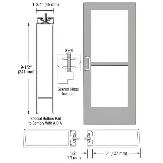 CZ51811 clear anodized wide-stile commercial entrance door with panic pull, concealed vertical rod and 9-1/2" ADA bottom rail