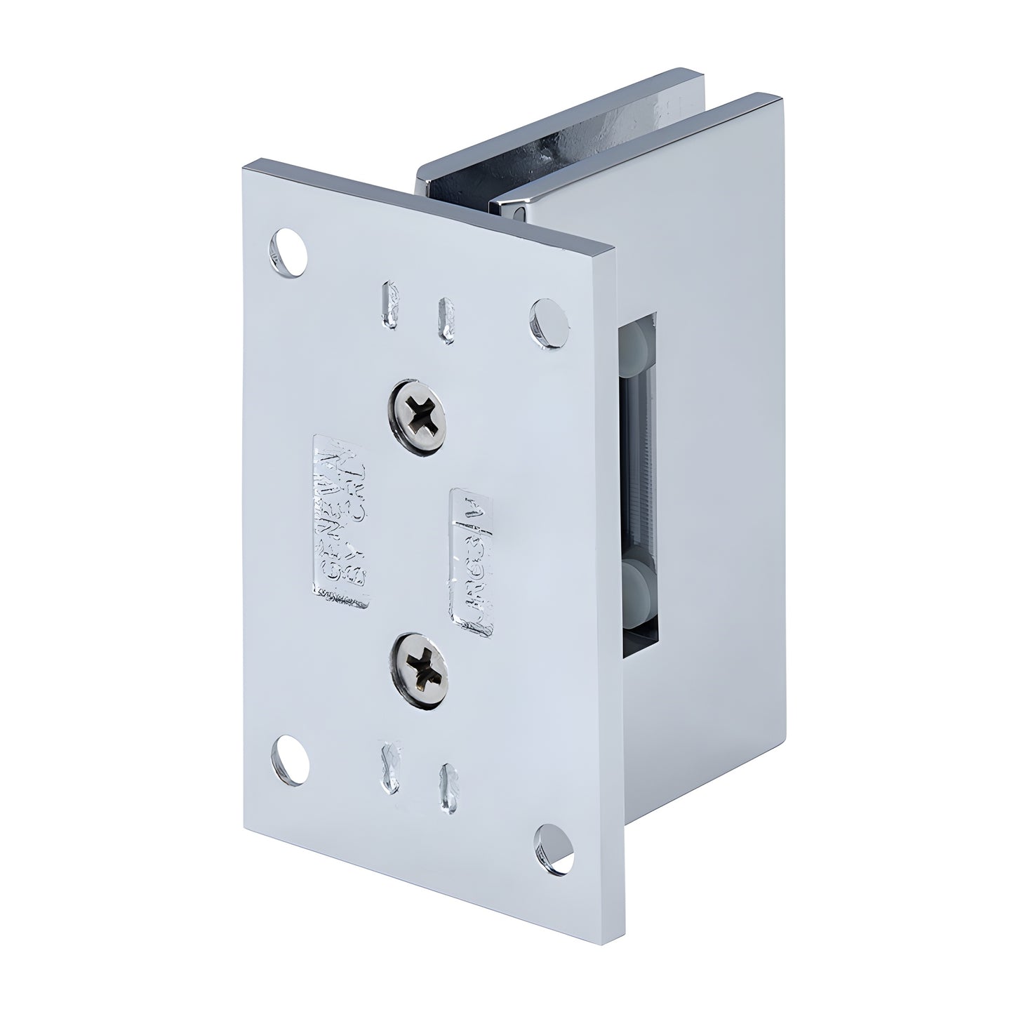 Polished chrome brass Junior Geneva shower door hinge (SKU JRG037CH), wall-mount full back plate for 6-8mm glass