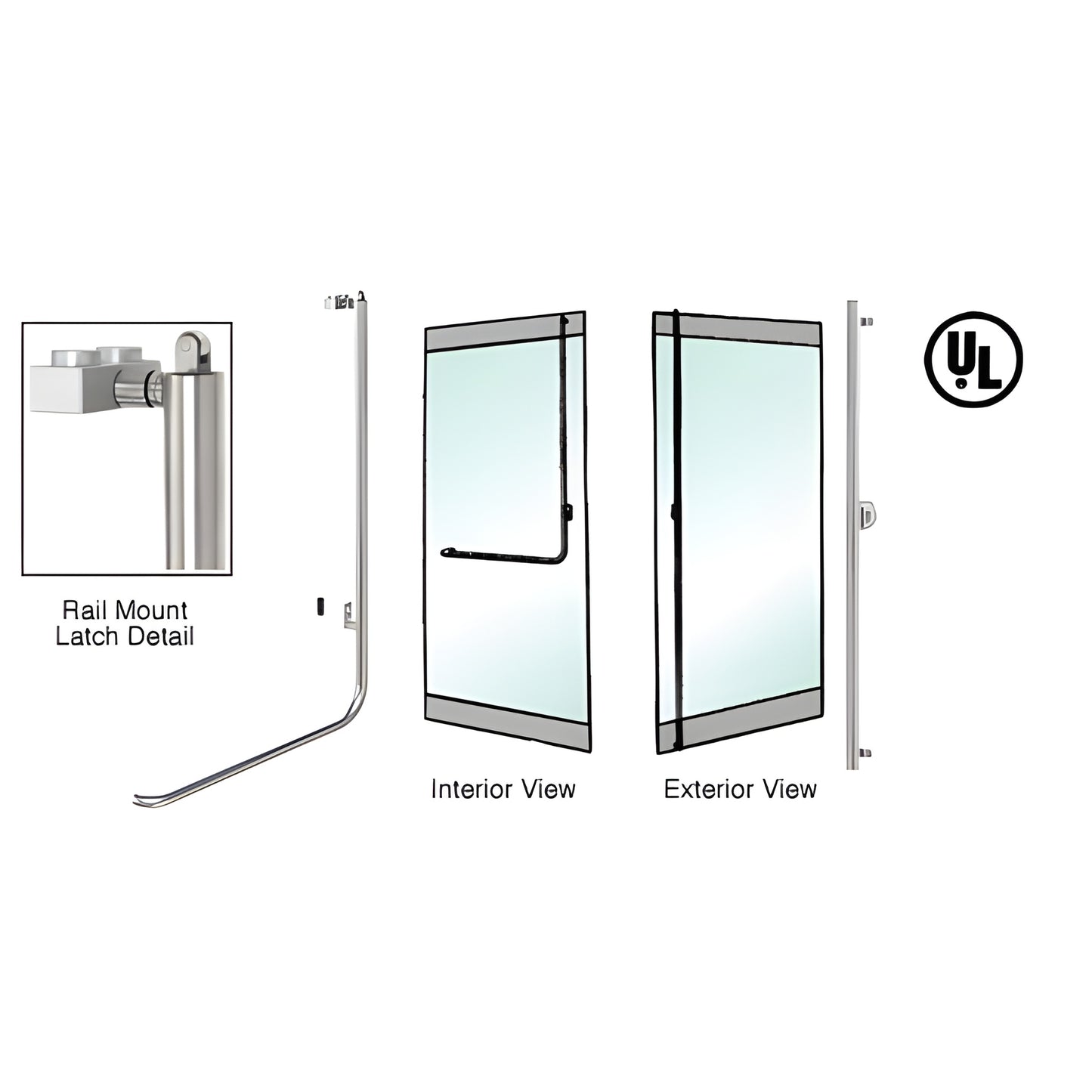 PA100F3RKBS brushed stainless tubular panic handle, rail-mount for 1/2 in glass doors, ADA-friendly 1-1/4 in tube