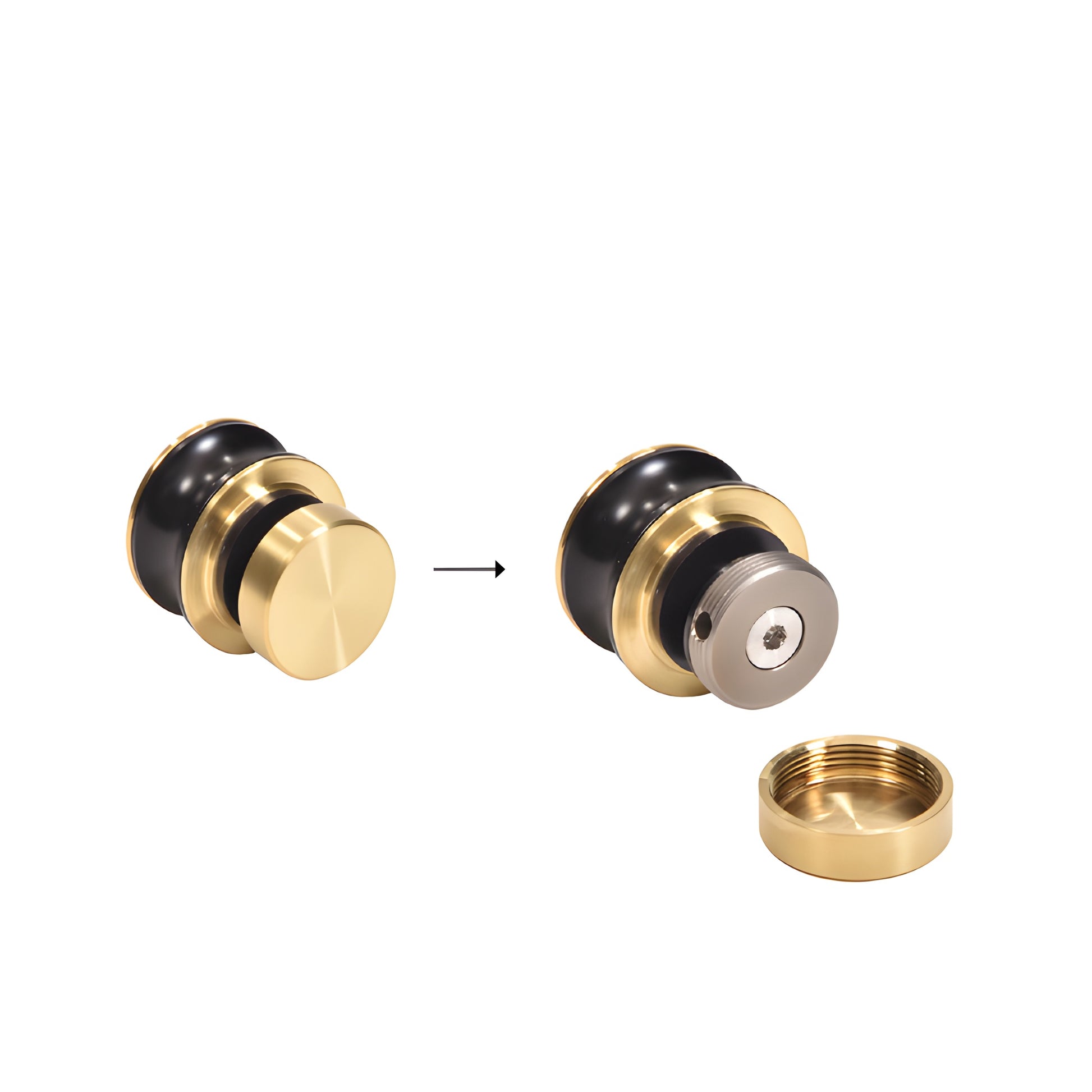 Frameless sliding glass shower system (SKU CAV78SB) with satin brass top rail, stainless hardware and clear tempered panels