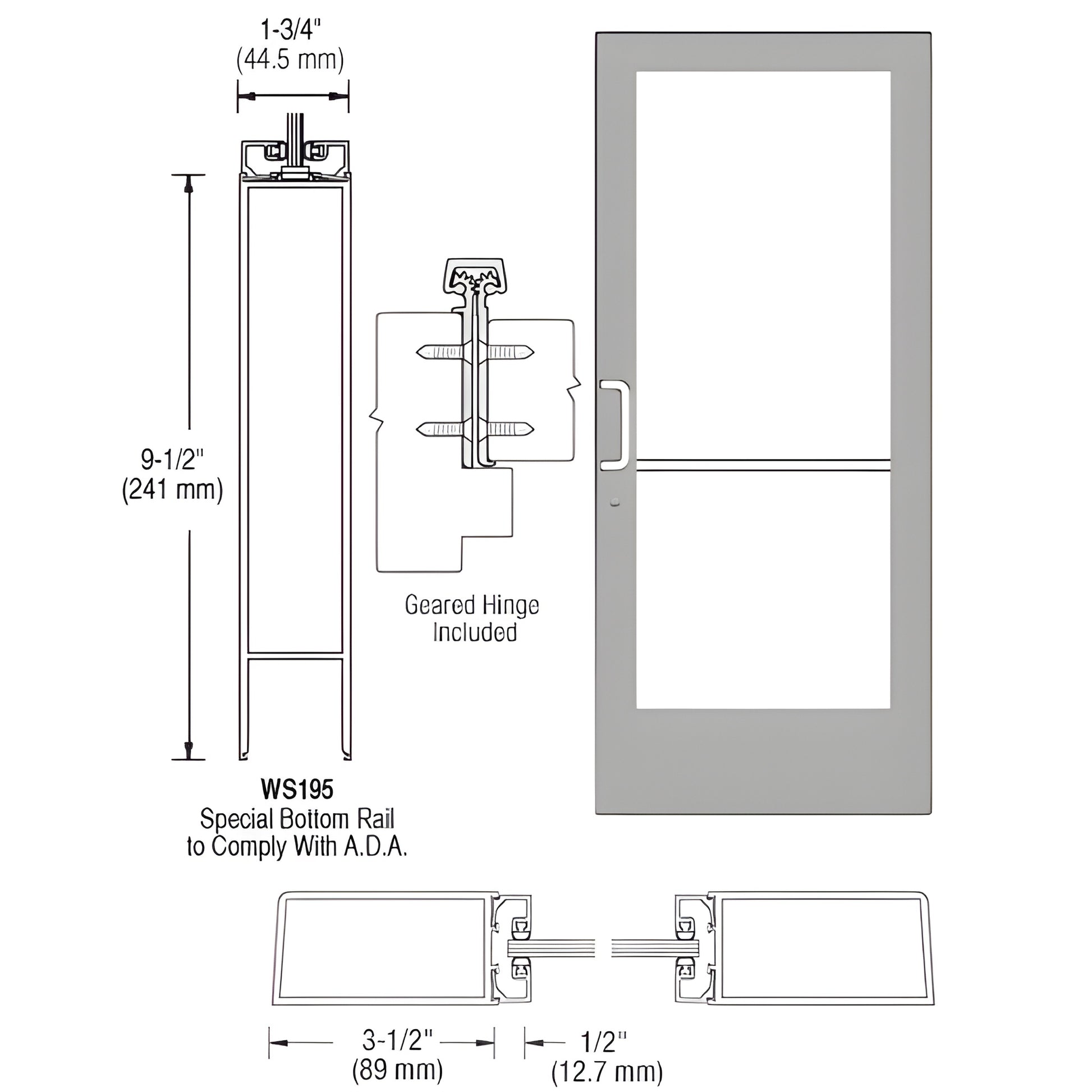 Commercial medium stile entrance door SKU DE41811, clear anodized, 31 2" stiles, 91 2" ADA bottom rail, glass panel, push/pull ha