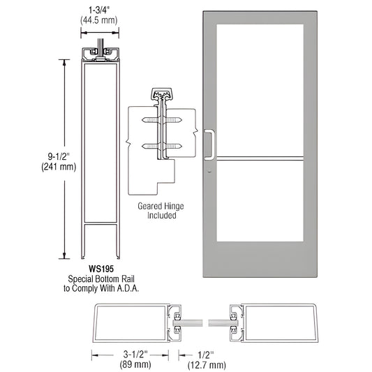 Commercial medium stile entrance door SKU DE41811, clear anodized, 31 2" stiles, 91 2" ADA bottom rail, glass panel, push/pull ha