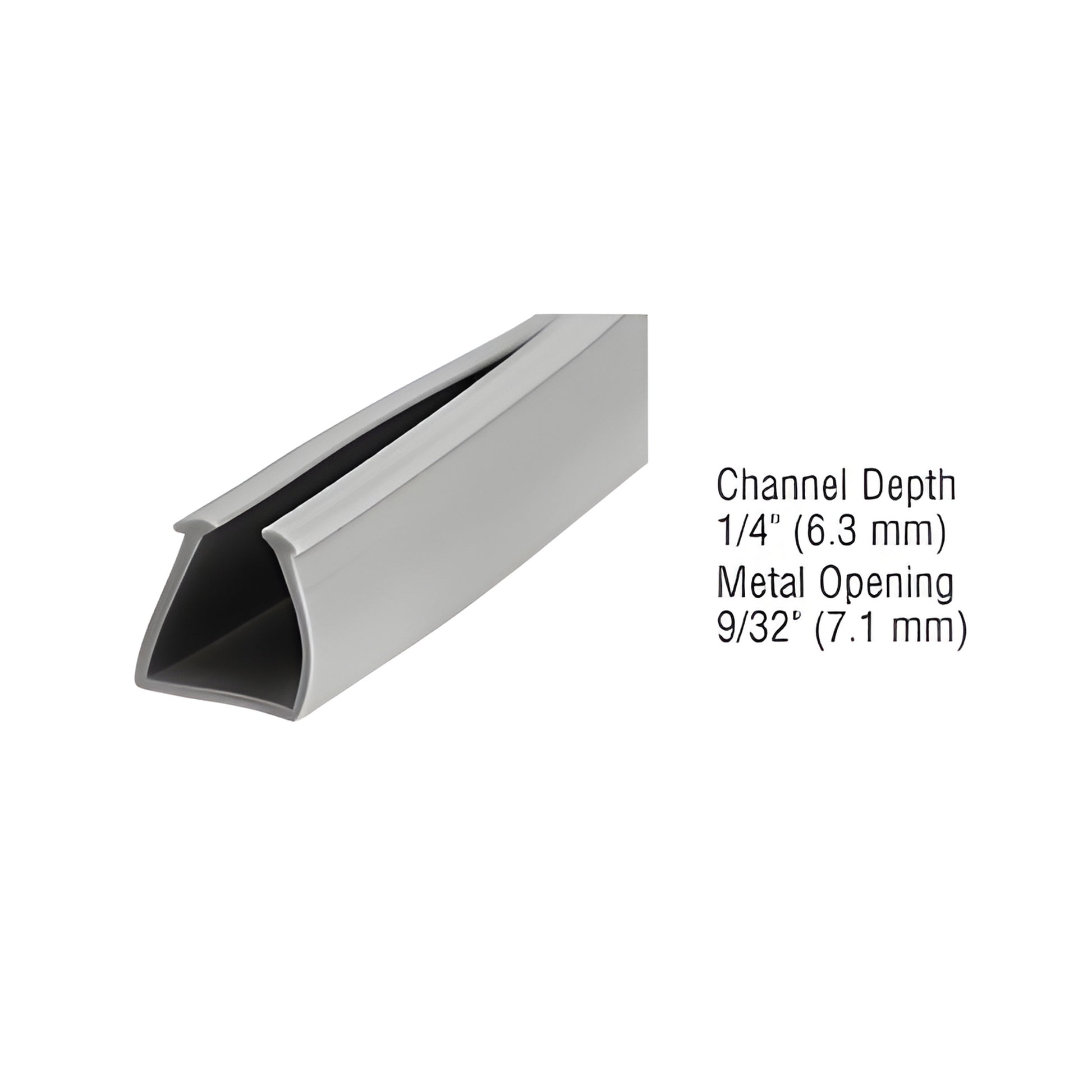 D751M gray glazing vinyl trim channel for 1/4" glass, 9/32" metal opening, neat bead finish.