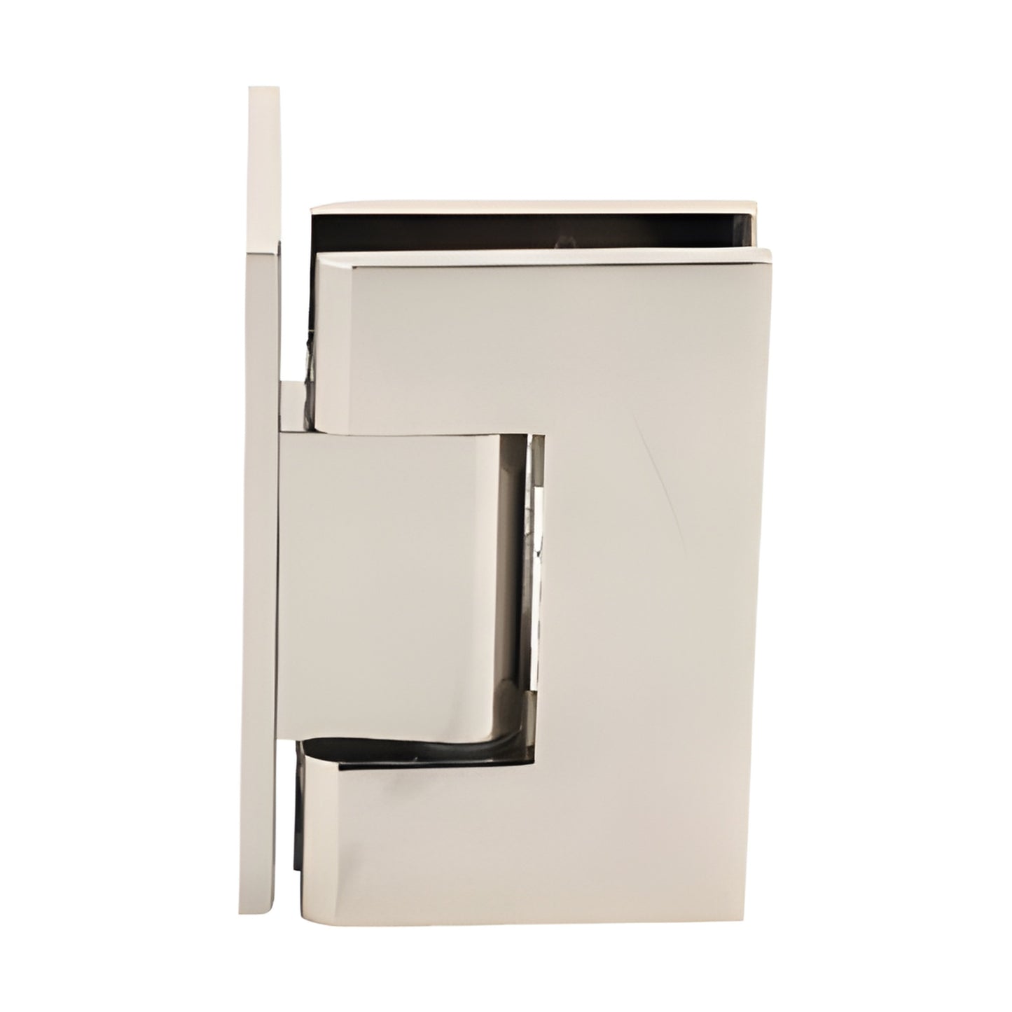 Polished nickel Vienna squared hinge for frameless shower doors, wall mount offset back plate, fits 3/8-1/2 glass.