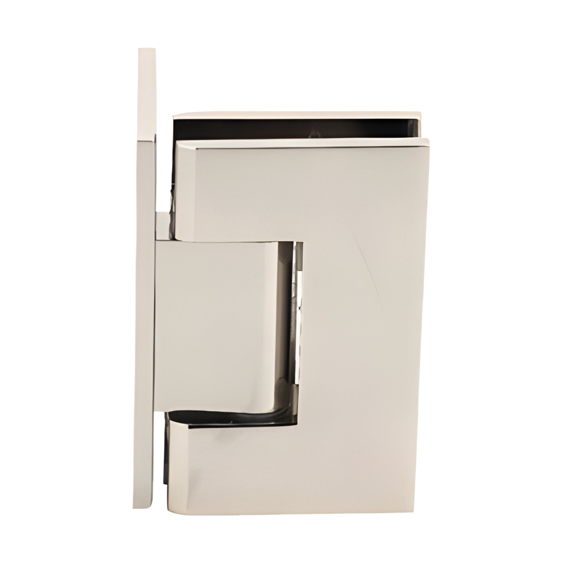 Polished nickel Vienna squared hinge for frameless shower doors, wall mount offset back plate, fits 3/8-1/2 glass.