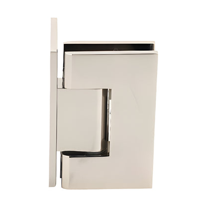 Polished nickel Vienna squared hinge for frameless shower doors, wall mount offset back plate, fits 3/8-1/2 glass.