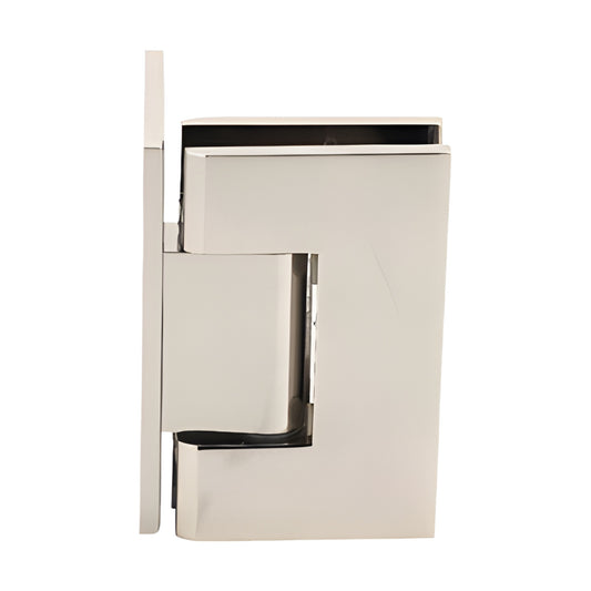 Polished nickel Vienna squared hinge for frameless shower doors, wall mount offset back plate, fits 3/8-1/2 glass.