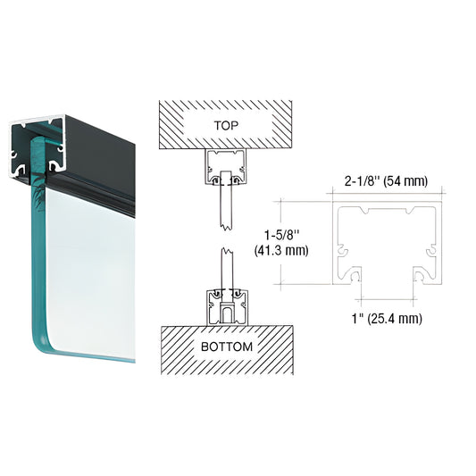NH3BLCL gloss-black aluminum narrow header/U-channel for 3/4" glass, 2-1/8" wide 1-5/8" high, profile view.