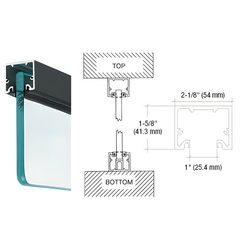 NH3BLCL gloss-black aluminum narrow header/U-channel for 3/4" glass, 2-1/8" wide 1-5/8" high, profile view.
