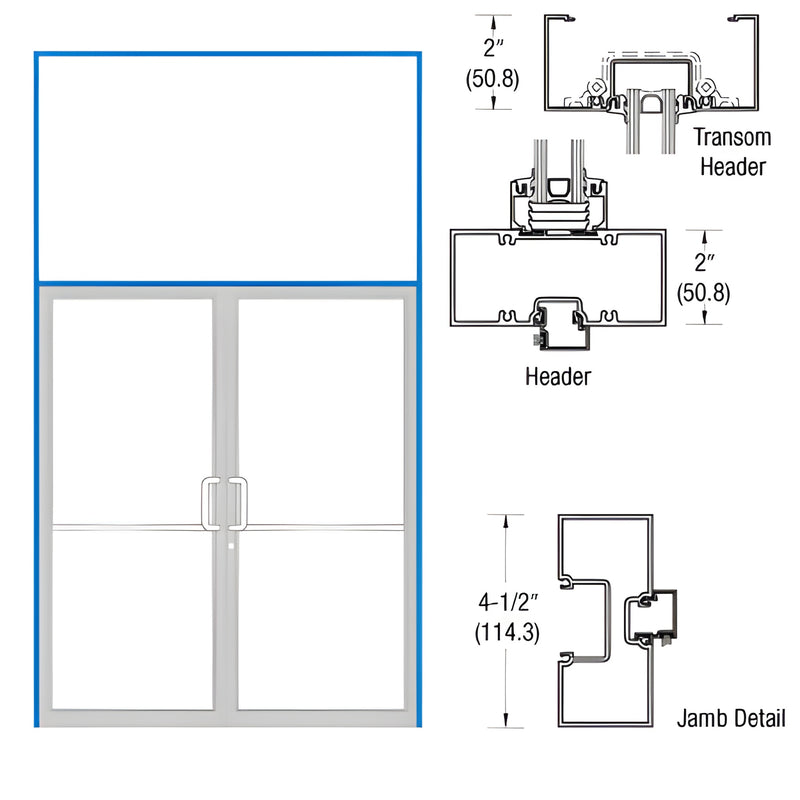 White Kynar offset pivot commercial door frame with transom and aluminum threshold, 72x84 base, jamb/header detail.