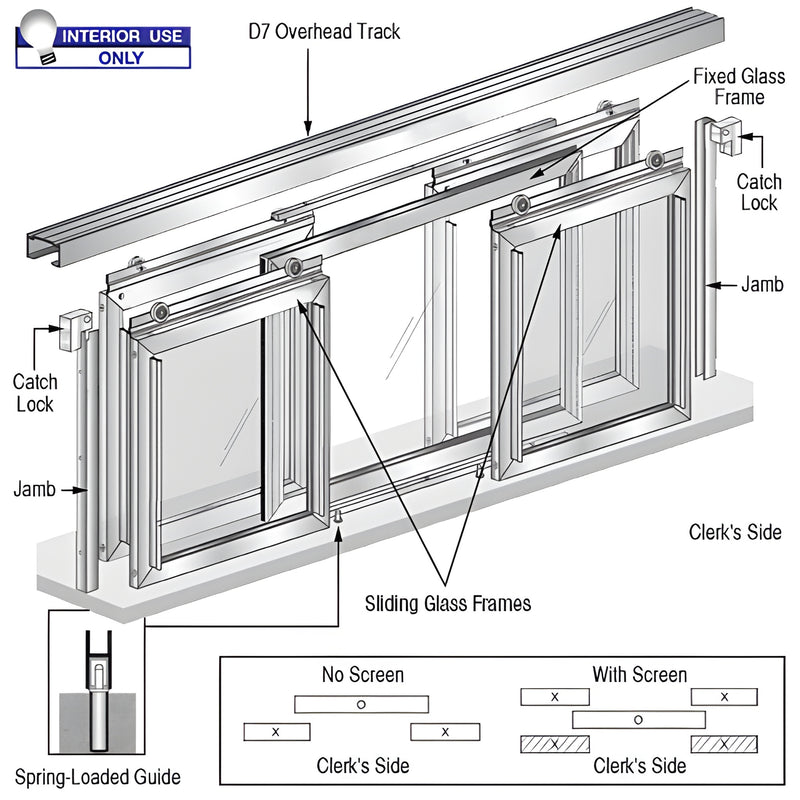 CRL Fawn D1025A interior pass thru window, satin anodized, three panel (center fixed, two sliding) with overhead track.