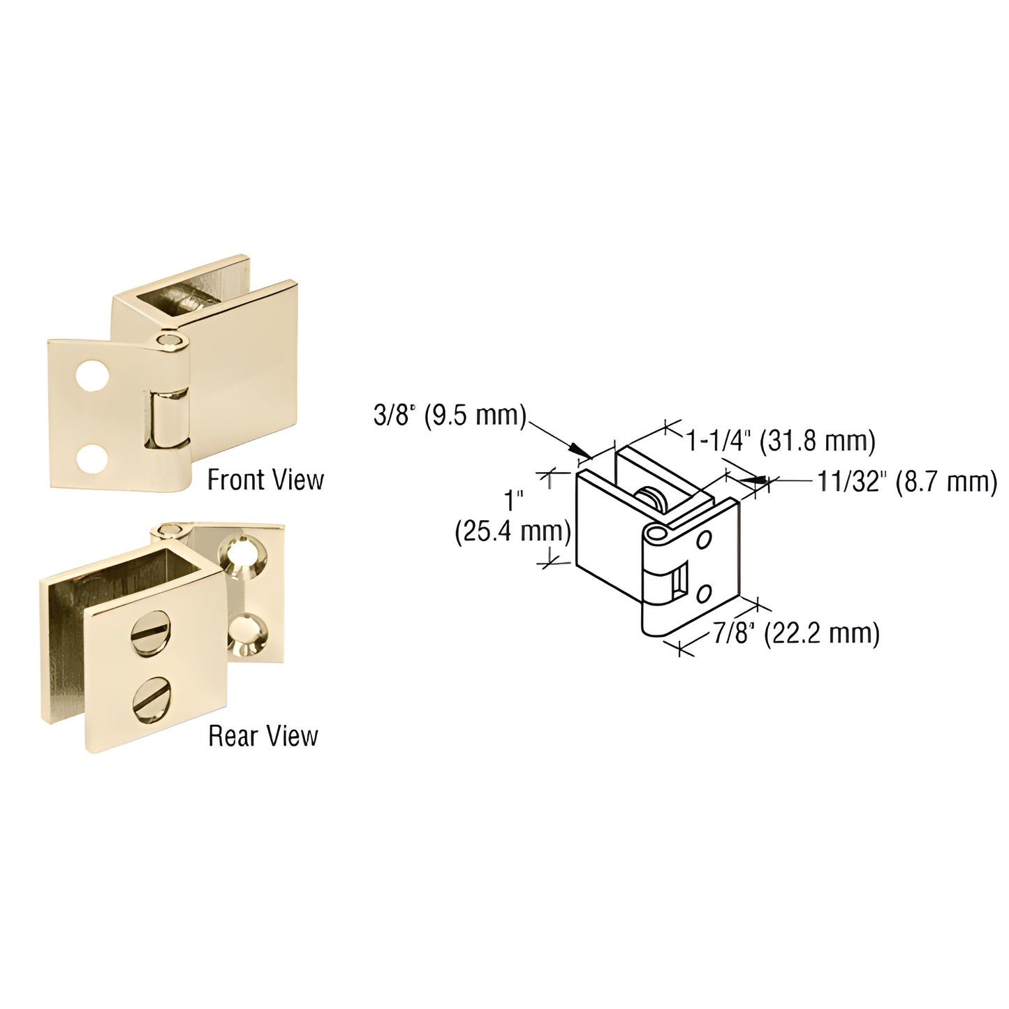Polished brass no-drill glass-to-wall hinge EH74, front and rear views with dimensional diagram.