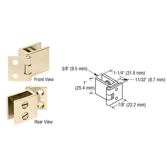 Polished brass no-drill glass-to-wall hinge EH74, front and rear views with dimensional diagram.