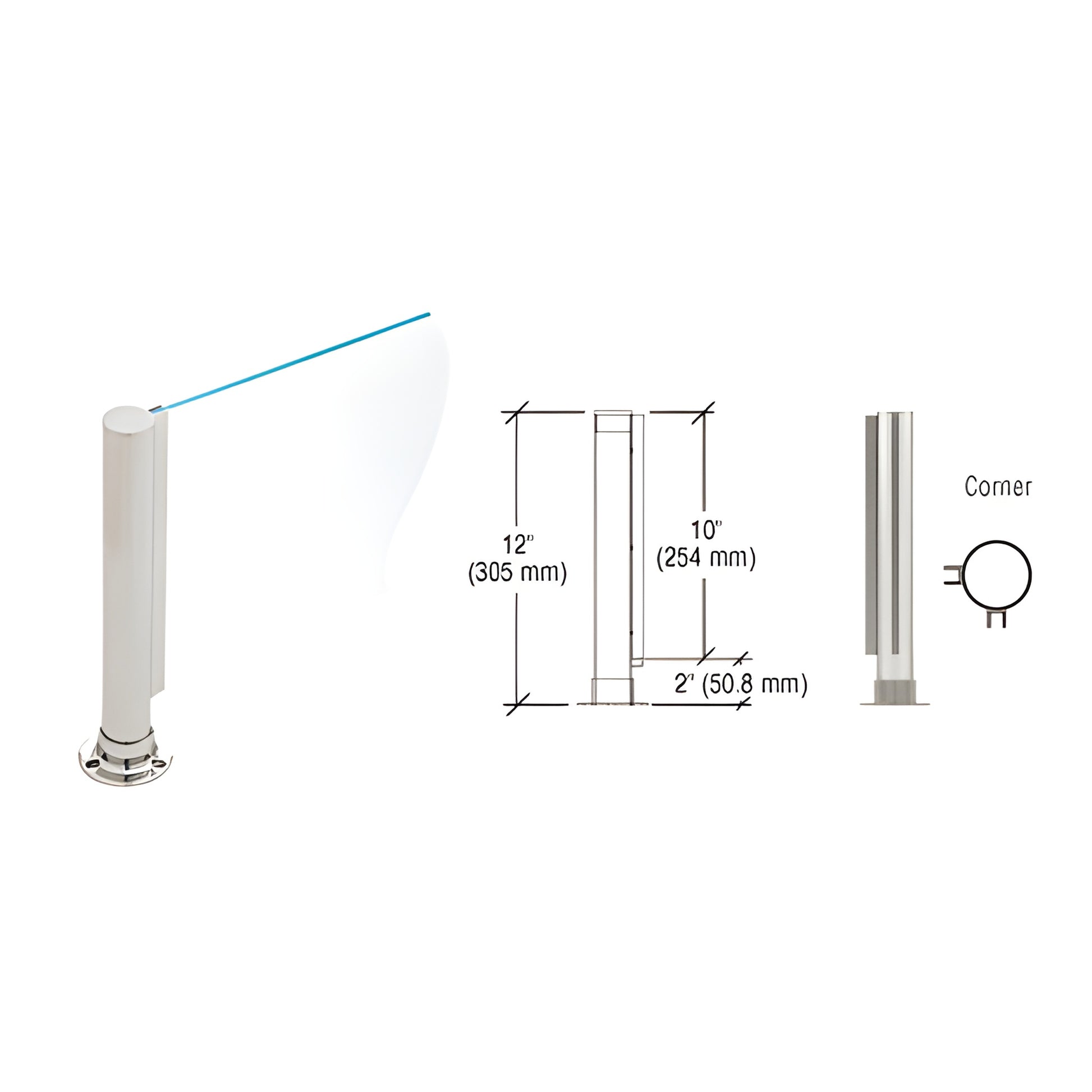 PP01LBS: 12" brushed stainless round corner partition post, flat cap, adhesive flange, U-channel for 1/4" glass, 2" air gap