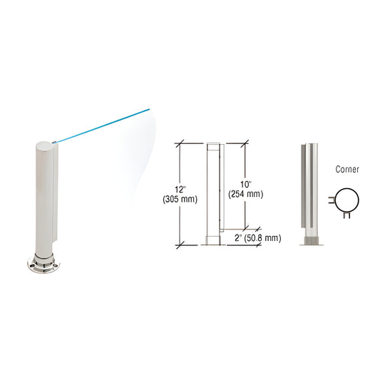 PP01LBS: 12" brushed stainless round corner partition post, flat cap, adhesive flange, U-channel for 1/4" glass, 2" air gap