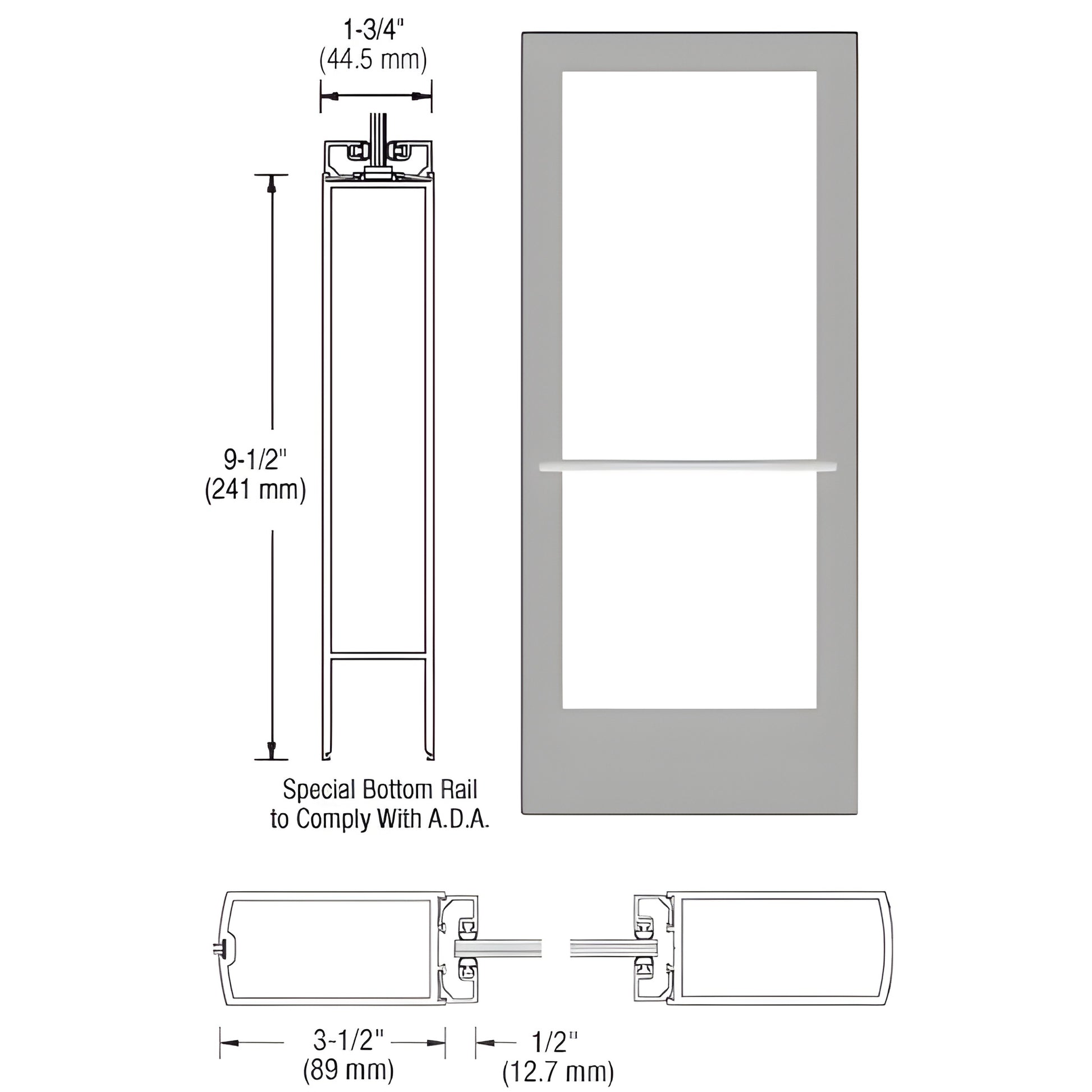 Standard medium stile entrance door SKU CD42711R136, clear anodized, 3-1/2" stiles, ADA 9-1/2" bottom rail, fits 1/4" glass