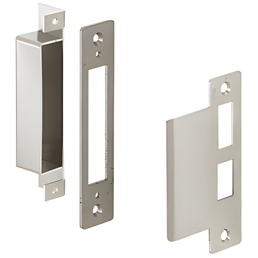 DLL6640 brushed stainless steel center lock strike set for glass doors with dust box and back-up plate