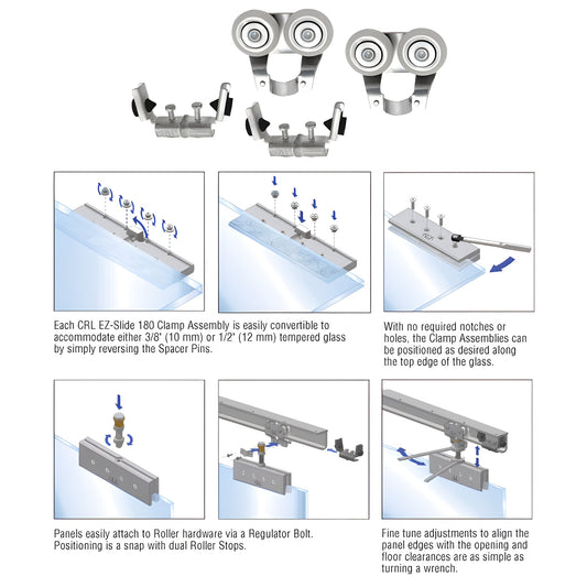 CRL3927 EZ Slide 180 top hung kit: two heavy rollers and two adjustable rubber stops for 3/8-1/2" tempered glass