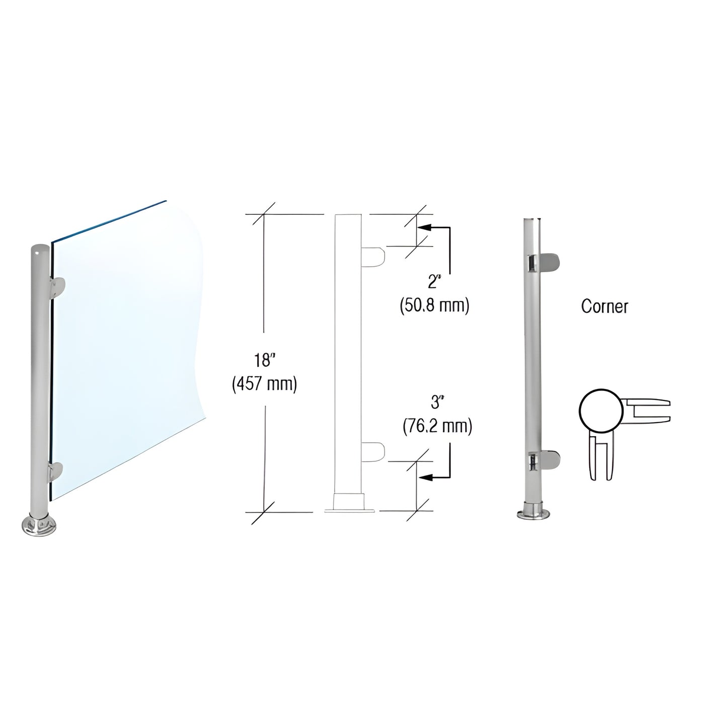 18" brushed stainless slimline round corner partition post with flat cap, adhesive flange and Z clamps for 1/4" glass. SKU PP