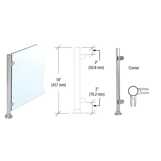 18" brushed stainless slimline round corner partition post with flat cap, adhesive flange and Z clamps for 1/4" glass. SKU PP