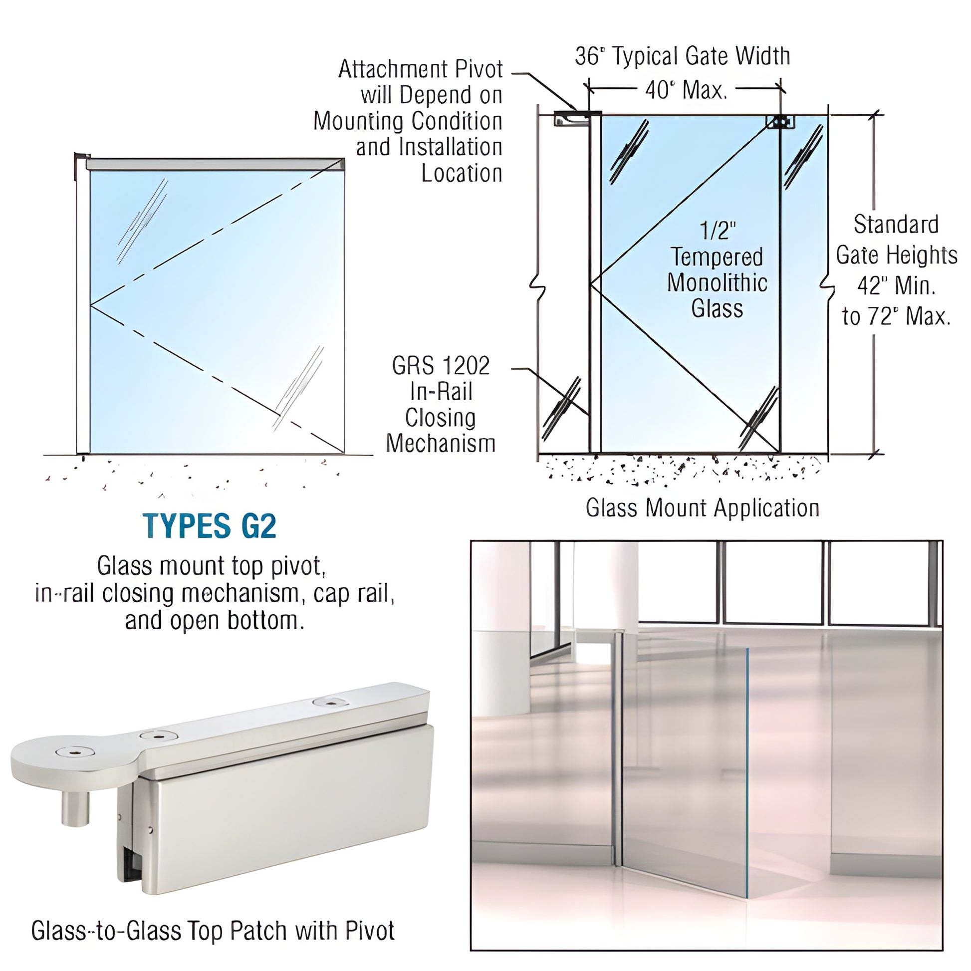 Brushed stainless steel swinging glass gate SKU 1202G2BSC with concealed in rail closer; fits 10-12mm glass, max 40 in.