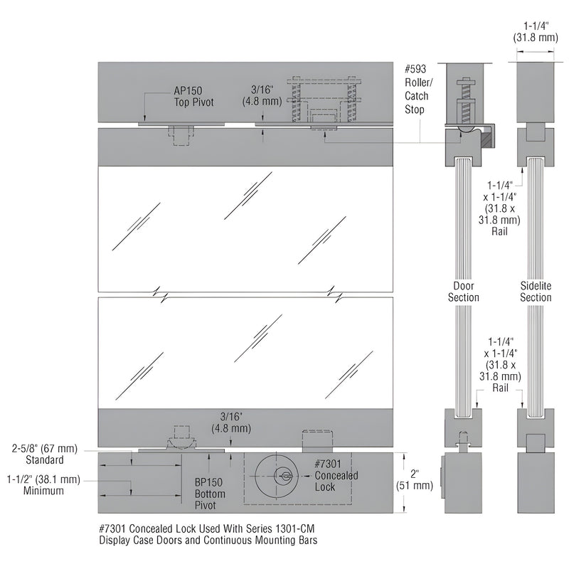 Blumcraft 1301-CM display doors drawing - continuous mounting bars, concealed lock, dark-bronze anodized, 3/8 glass