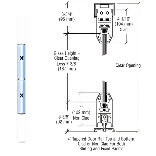 SDR21BBL bottom-rolling bi part sliding glass door system, black, 4" tapered rails; max 108" H 48" W, 234 lb panel.