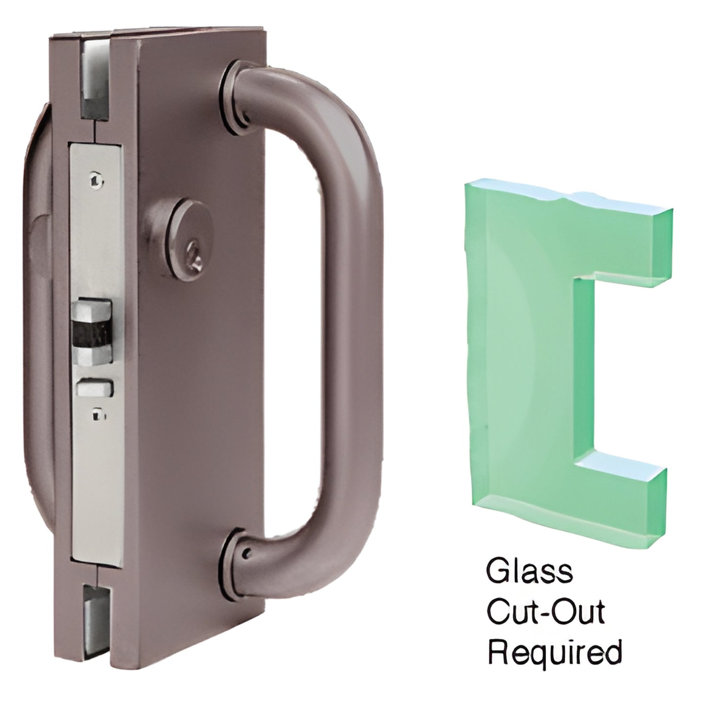 DL410RDU 4"x10" black bronze deadlatch center lock for 1/2" (12mm) tempered glass doors with D-handle.